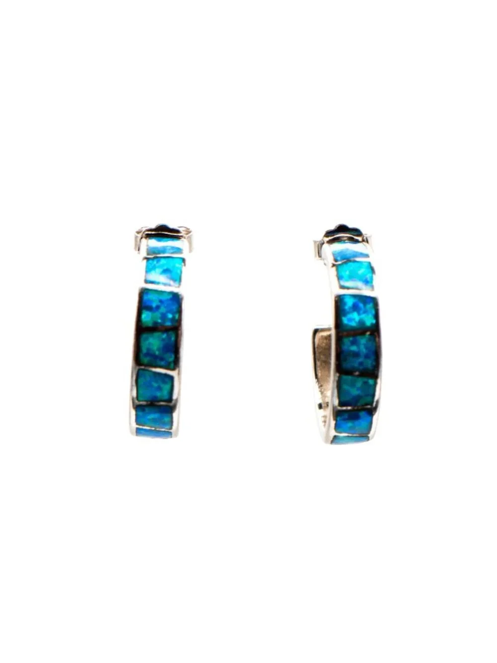 Sterling Silver Blue Opal Inlay Hoop Earrings Huggie Hoops October Birthstone